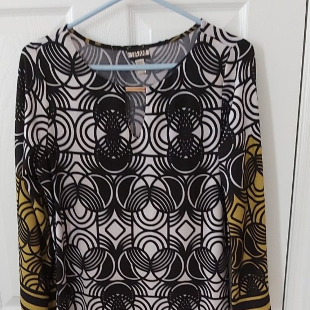 DRESS BY HAANI. Black/white swirled pattern on white/yellow background. LARGE